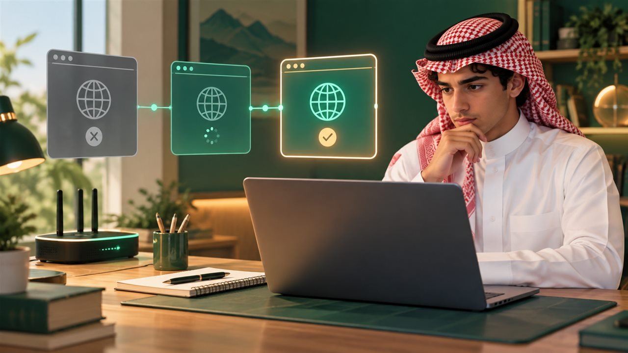 طالب سعودي يشخص اتصال المتصفح عبر حاسوب محمول