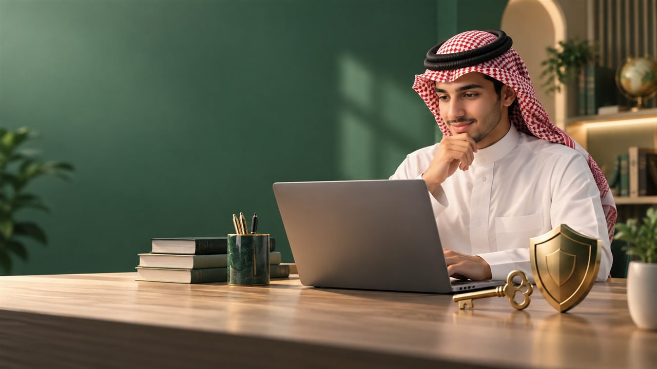 طالب سعودي أمام حاسوب مع رمزي المفتاح والدرع لاستعادة الوصول
