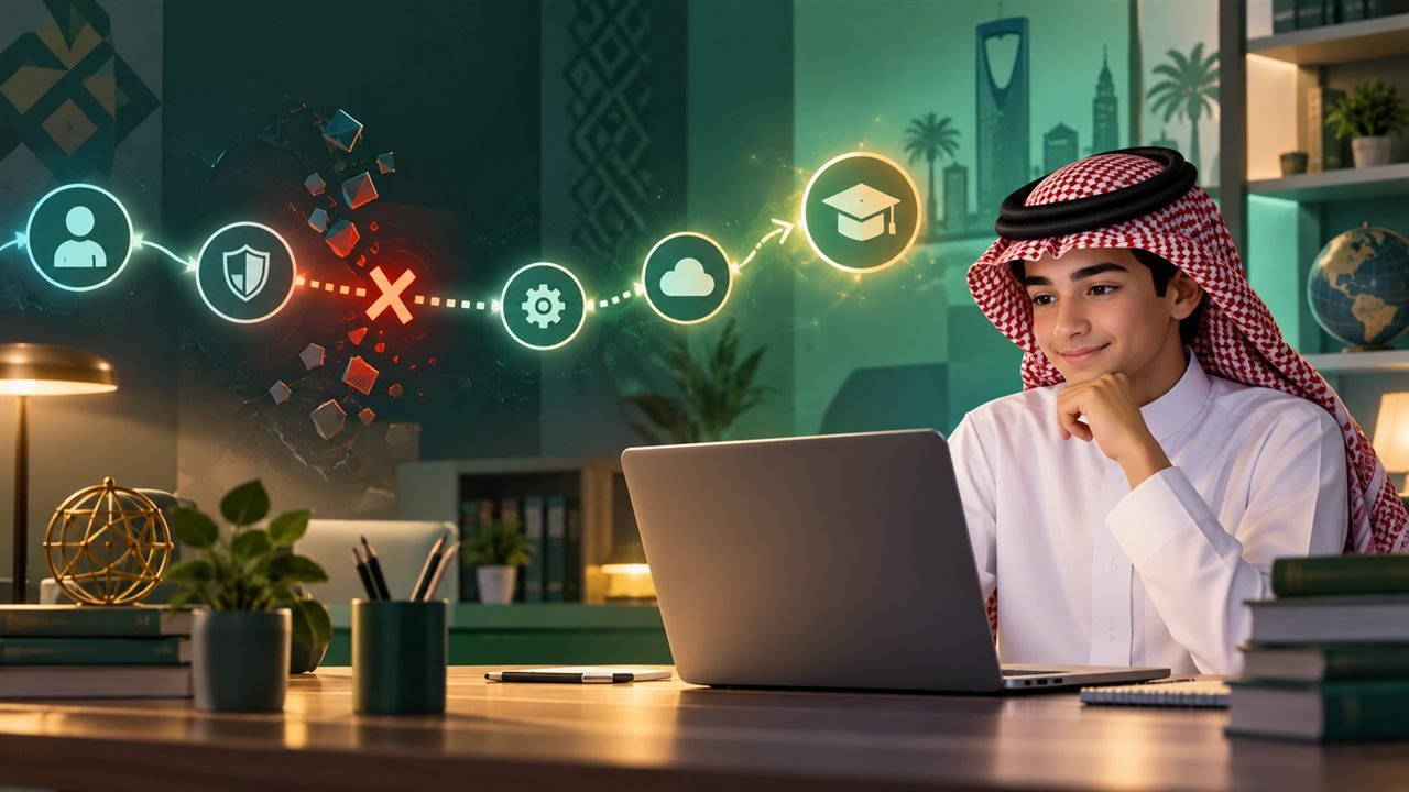 طالب سعودي يتابع مسار اتصال رقمي متعطل ثم متصل عبر الحاسوب