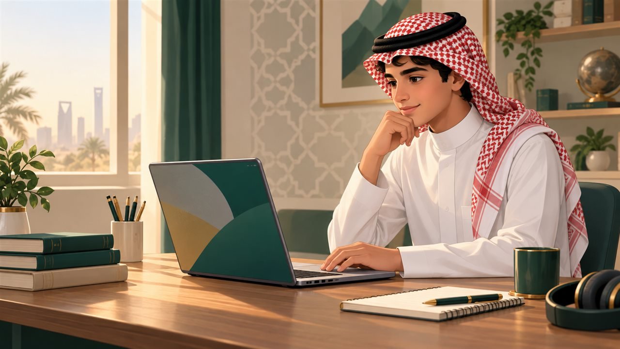 طالب سعودي يستخدم حاسوبًا محمولًا للدخول إلى منصة تعليمية